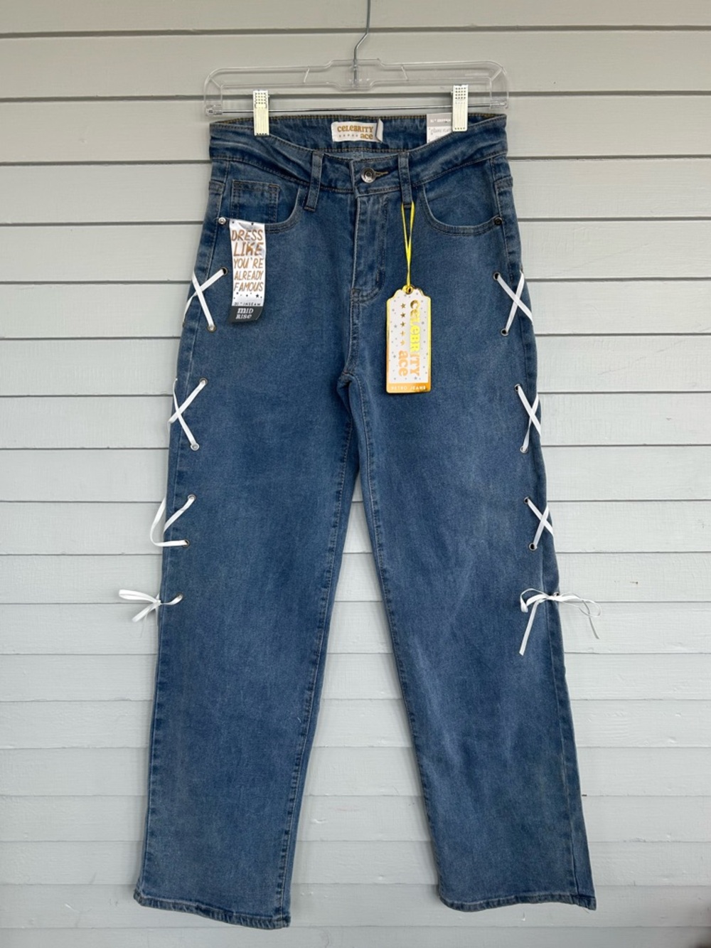 Dark Blue Straight-Leg Jeans with White Lace-Up Side Detail